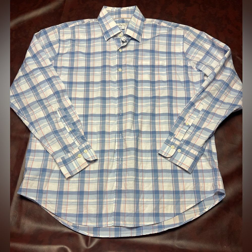Peter Millar blue white pink plaid long sleeve button down shirt, size XL